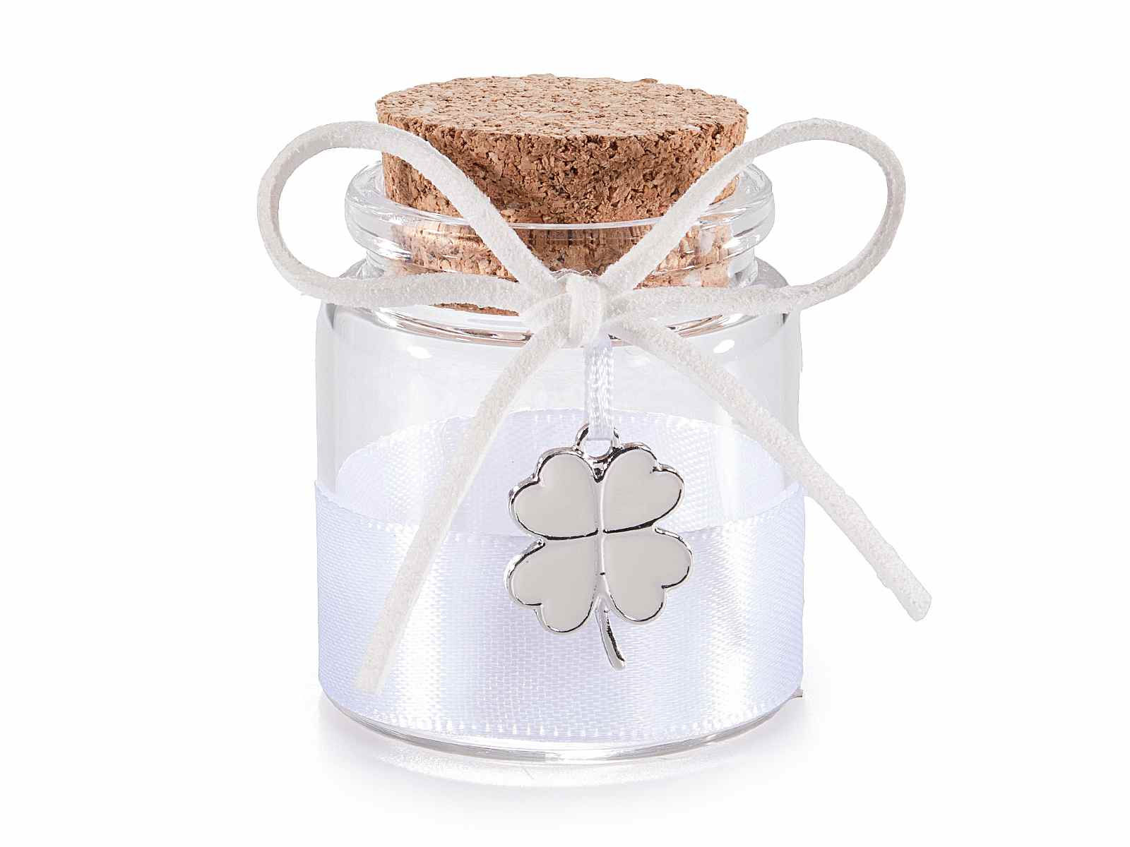Barattolino portaconfetti vetro con nastro raso e quadrifoglio