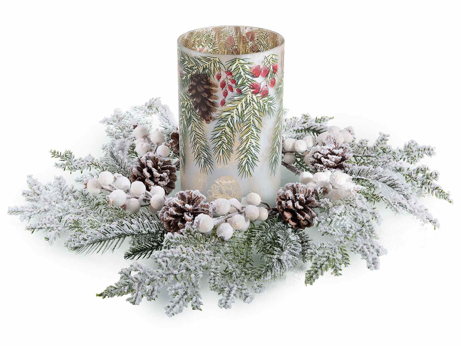 Set centrotavola vaso portacandela in vetro con ghirlanda