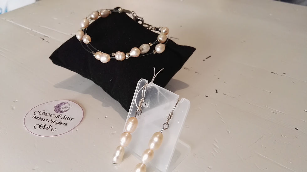 Miniatura: Set Bracciale e orecchini perle rosa e filo trasparente