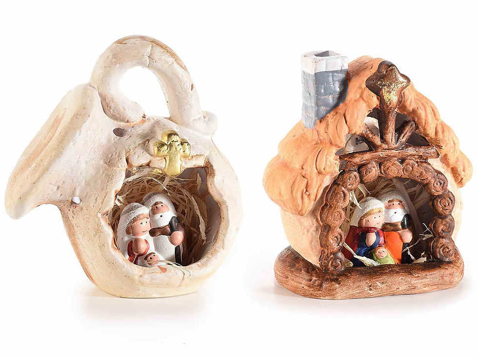 Thumbnail: Presepe in terracotta colorata con luce LED bianco caldo