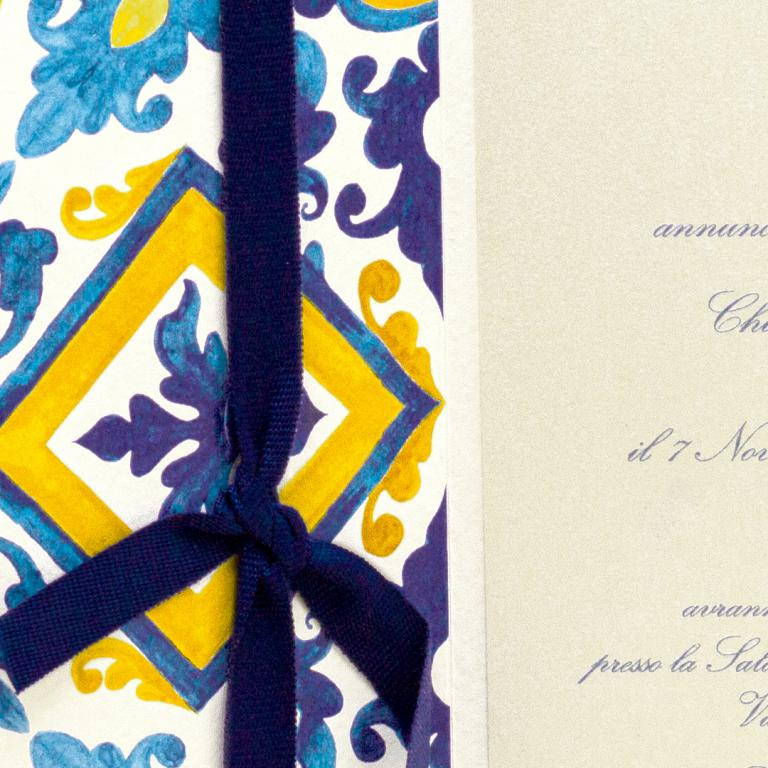 Miniatura: Partecipazione matrimonio maiolica blu e gialla