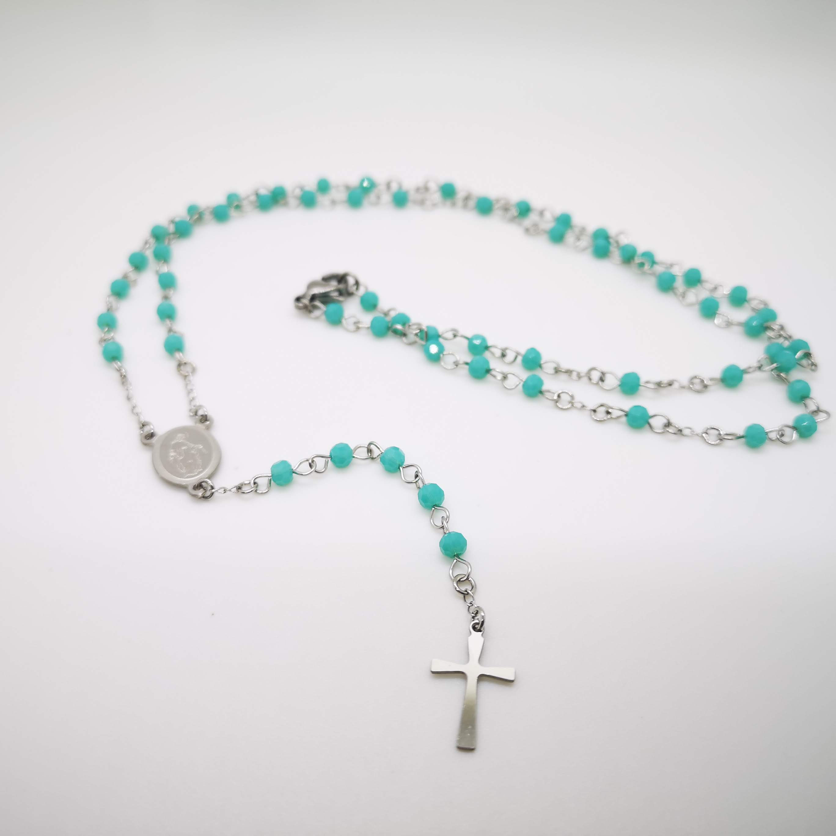 Collana rosario acciaio cristalli turchese