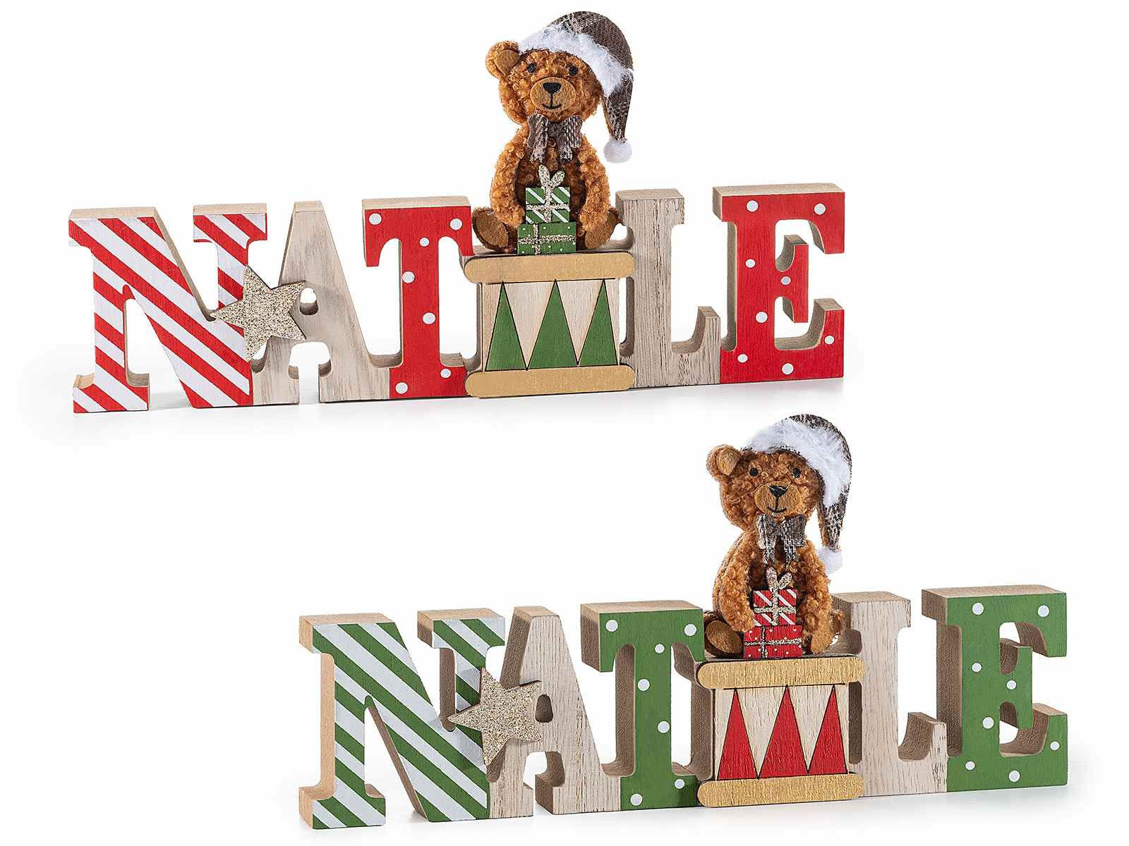 Scritta Natale in legno colorato con orsetto in morbido pelo