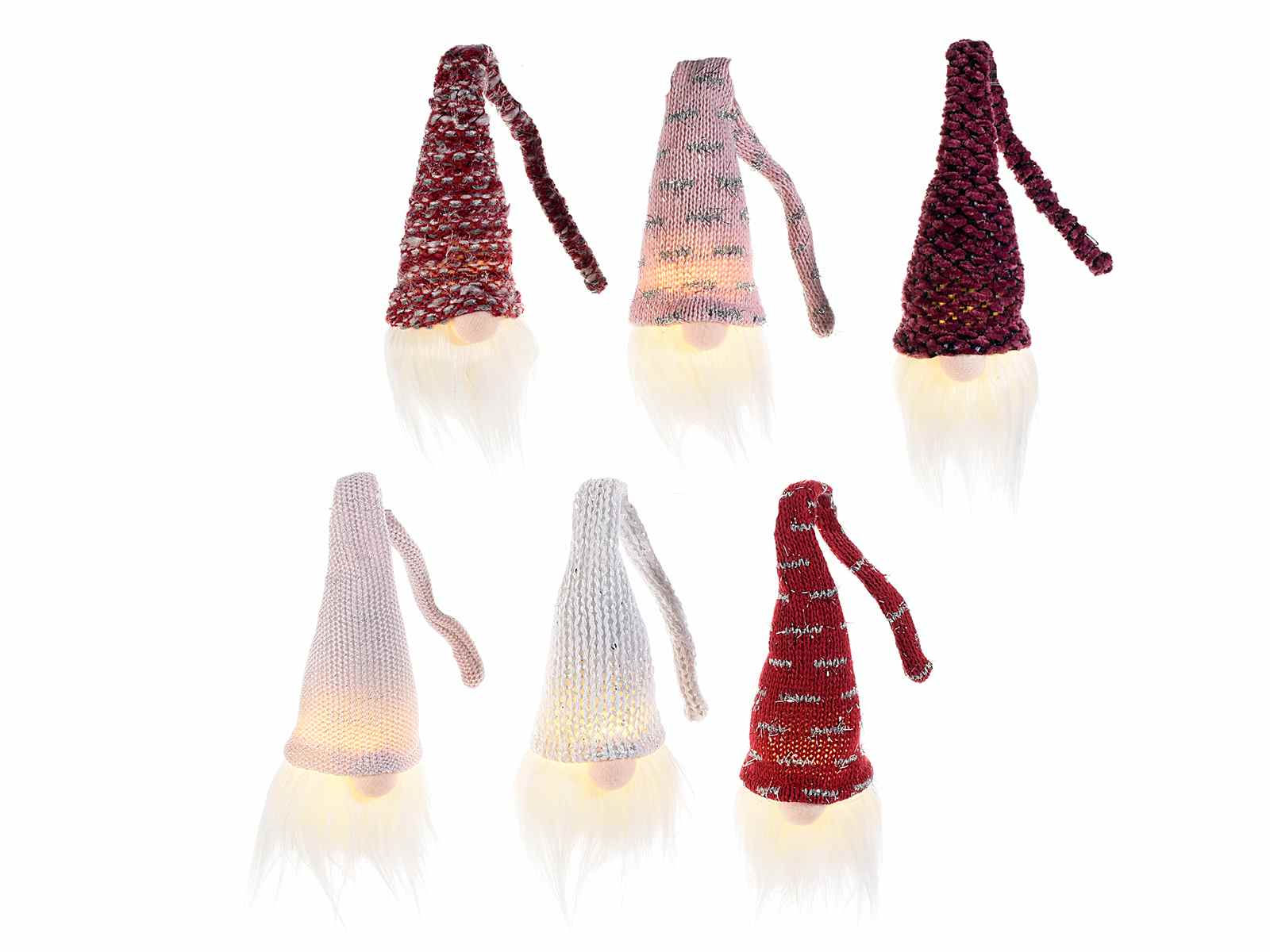 Gnomo led da appendere in maglia con fiocco di neve rosso e rosa