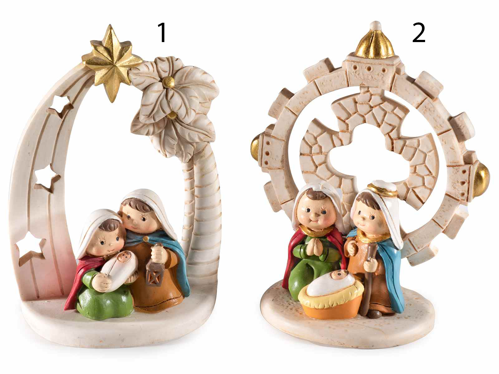 Presepe in resina colorata con dettagli dorati
