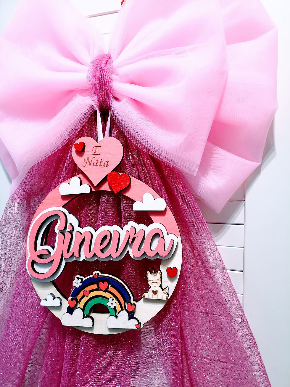 Miniatura: Fiocco Nascita Rosa Arcobaleno con Tulle e Glitter - Personalizzato con Nome