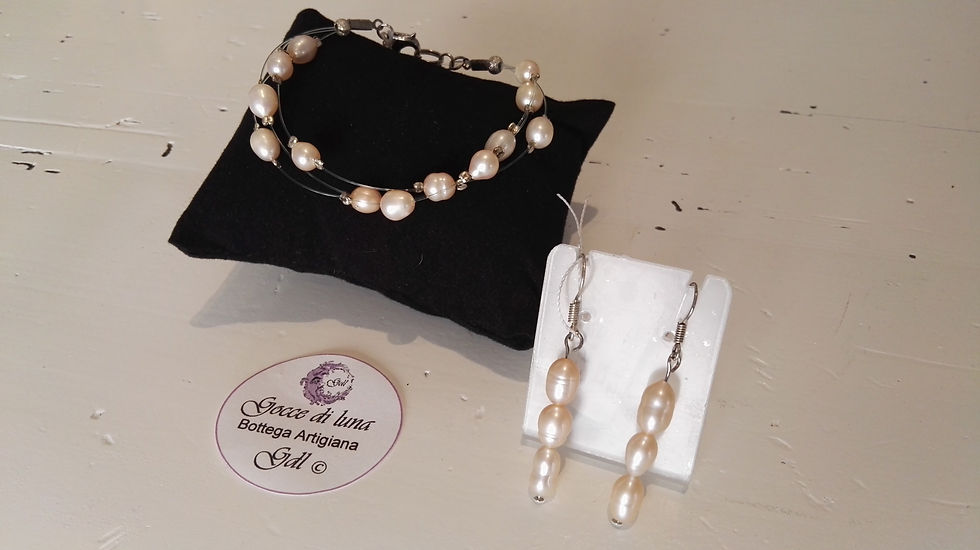 Miniatura: Set Bracciale e orecchini perle rosa e filo trasparente