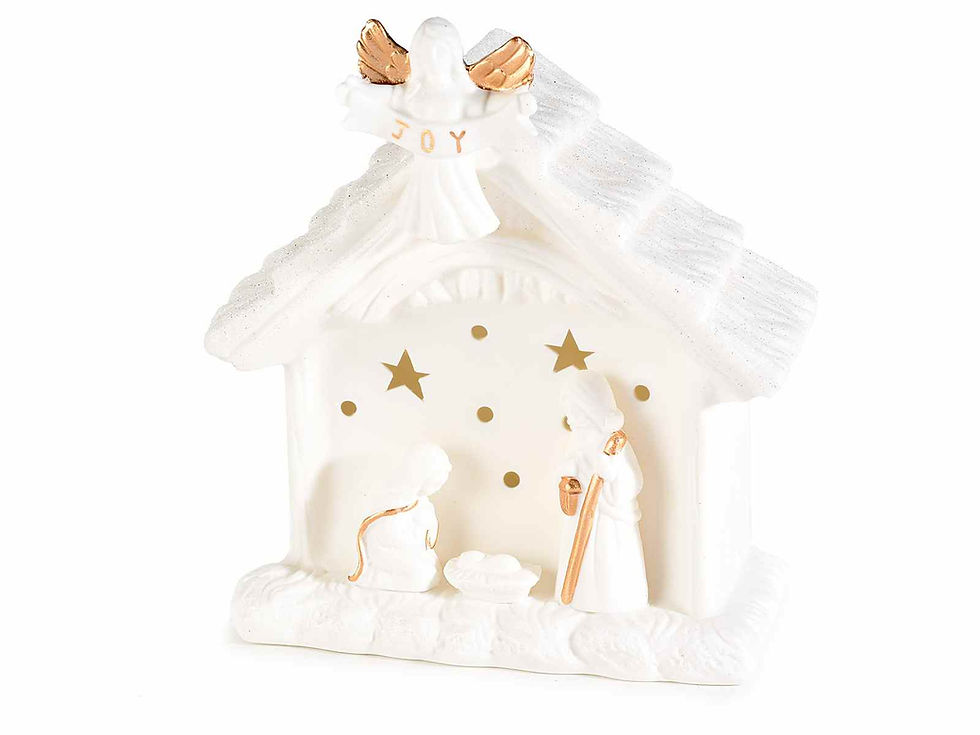 Thumbnail: Presepe ceramica bianca glitter, luci led e decori dorati