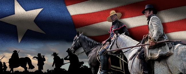 Wide EPICArt historical graphic featuring riders and a Texas flag