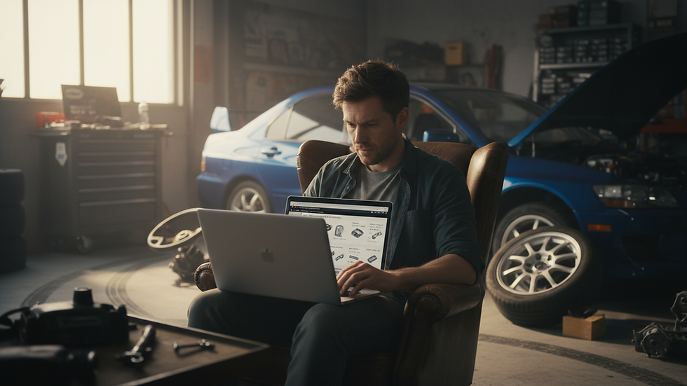 Eye-level view of a car enthusiast browsing Mitsubishi Evolution parts on a laptop
