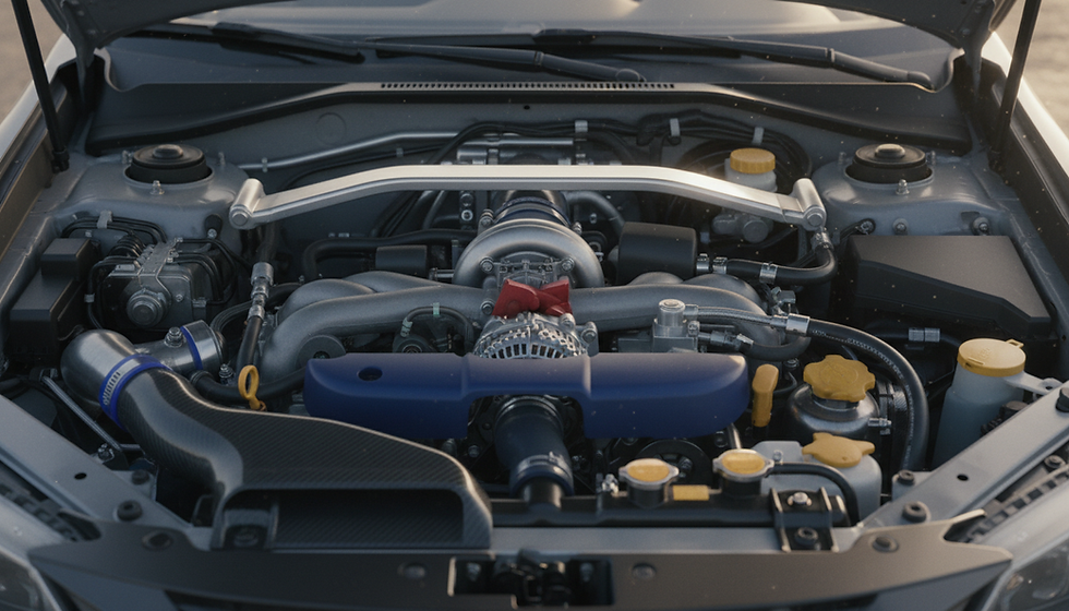 Close-up view of a Subaru WRX STI engine bay with performance parts installed