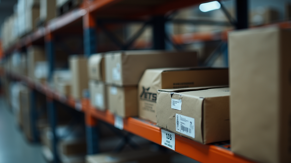 Eye-level view of a car part box on a shelf