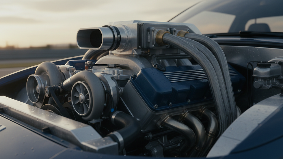 Close-up view of a high-performance car engine with aftermarket parts