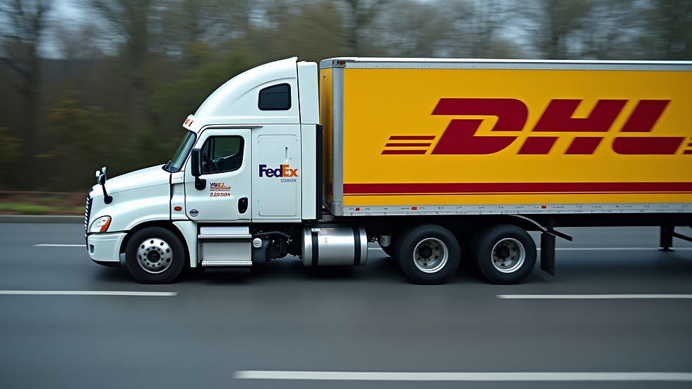 High angle view of a FedEx and DHL delivery truck side by side