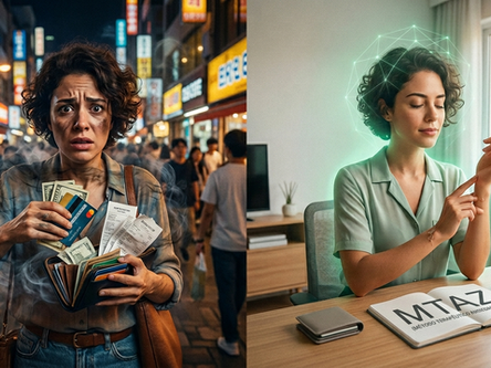 A imagem é uma composição dividida em duas partes que contrastam o caos da ansiedade com a clareza do Método MTAZ. Lado Esquerdo (O Caos): Uma mulher jovem, de cabelos cacheados e expressão de pânico e exaustão, está no centro de uma rua urbana movimentada à noite, cercada por letreiros luminosos, incluindo um que diz 'COMPULSÃO DE COMPRA'. Ela segura uma carteira aberta transbordando notas de dólar, cartões de crédito e longos recibos. Há uma fumaça cinzenta saindo de suas mãos e da carteira, simbolizando o 'dinheiro queimado' e o estresse. O ambiente é escuro, frenético e sufocante. Lado Direito (A Cura): A mesma mulher aparece em um ambiente de escritório sereno, iluminado pela luz natural de uma janela. Ela está com os olhos fechados, transmitindo paz e foco. Sobre sua cabeça, há uma projeção geométrica brilhante em tom verde néon, simbolizando a reprogramação mental e o equilíbrio neural. Ela toca suavemente o próprio pulso (âncora de PNL/ponto de acupressão).