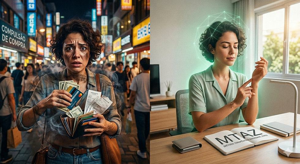 A imagem é uma composição dividida em duas partes que contrastam o caos da ansiedade com a clareza do Método MTAZ. Lado Esquerdo (O Caos): Uma mulher jovem, de cabelos cacheados e expressão de pânico e exaustão, está no centro de uma rua urbana movimentada à noite, cercada por letreiros luminosos, incluindo um que diz 'COMPULSÃO DE COMPRA'. Ela segura uma carteira aberta transbordando notas de dólar, cartões de crédito e longos recibos. Há uma fumaça cinzenta saindo de suas mãos e da carteira, simbolizando o 'dinheiro queimado' e o estresse. O ambiente é escuro, frenético e sufocante. Lado Direito (A Cura): A mesma mulher aparece em um ambiente de escritório sereno, iluminado pela luz natural de uma janela. Ela está com os olhos fechados, transmitindo paz e foco. Sobre sua cabeça, há uma projeção geométrica brilhante em tom verde néon, simbolizando a reprogramação mental e o equilíbrio neural. Ela toca suavemente o próprio pulso (âncora de PNL/ponto de acupressão).