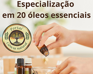 Uma mão segurando um frasco pingando óleo essencial, a logo do Portal ao lado. "Especialiação em 20 óleos essenciais" escrito.