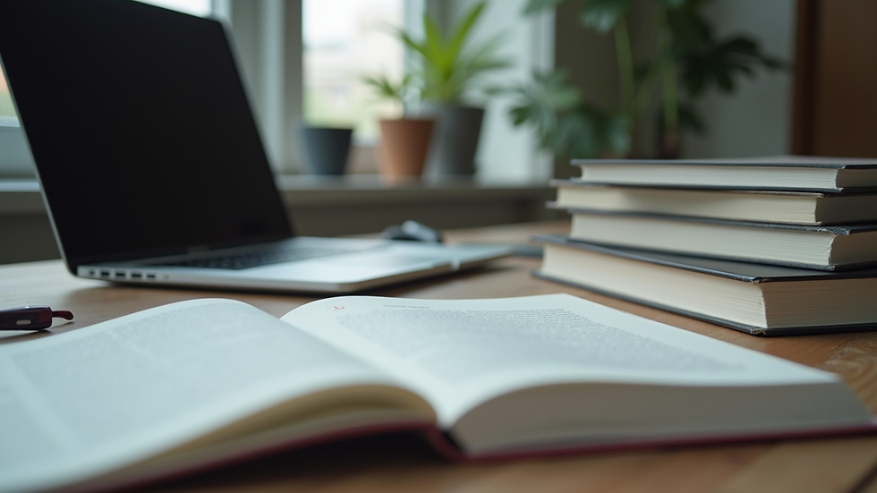 Eye-level view of a modern workspace with a laptop and AI-related books