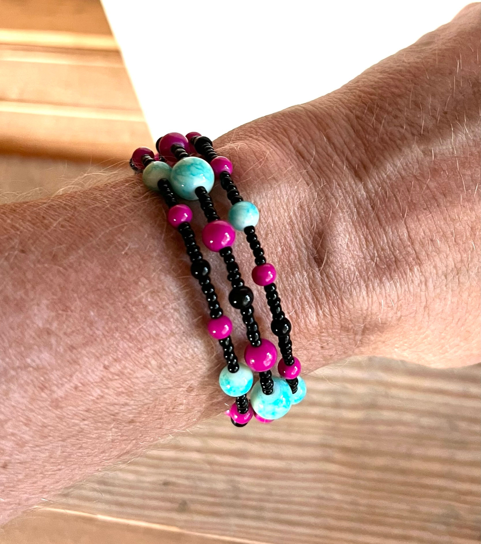 Fuchsia, Aqua and Black Triple Bangle Bracelet