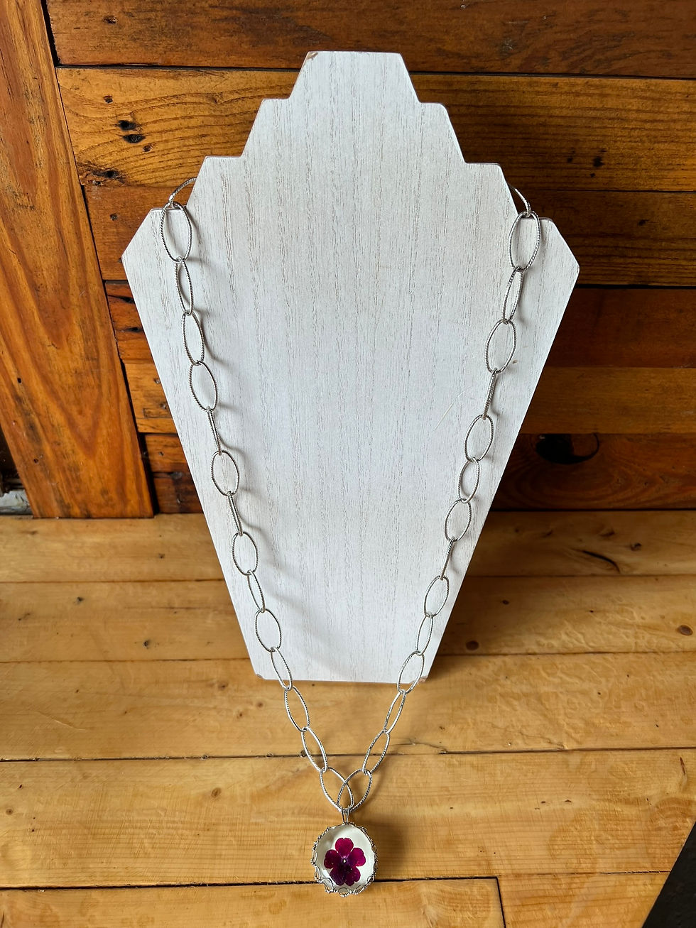 Thumbnail: Silver Wire Wrapped Dried Violet Floral Pendant