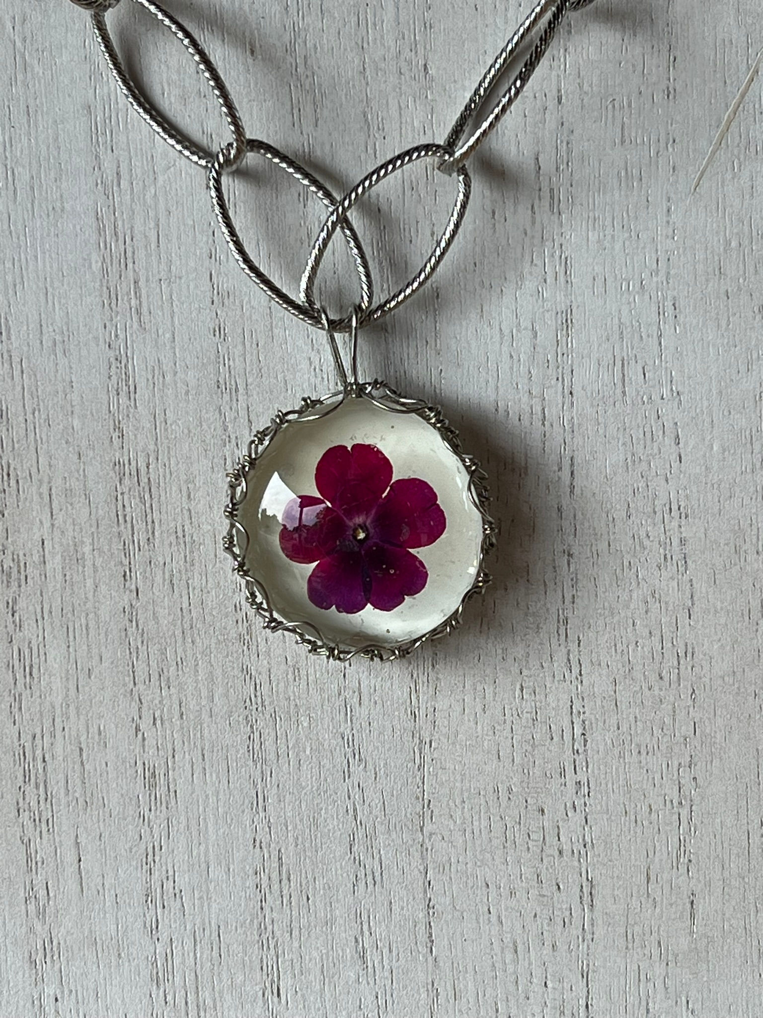 Silver Wire Wrapped Dried Violet Floral Pendant