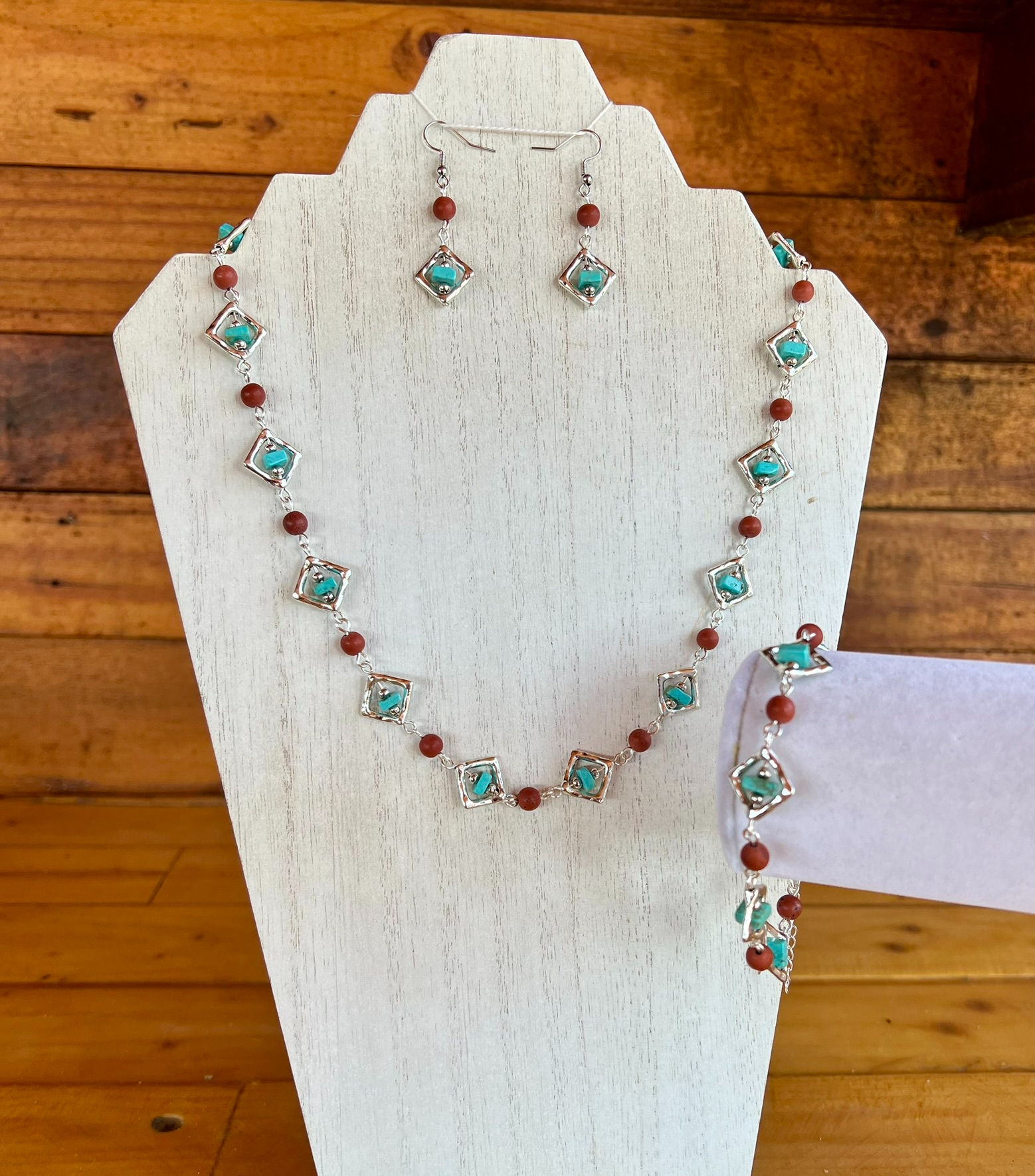 Turquoise Howlite, Red Jasper Necklace, Bracelet and Earrings