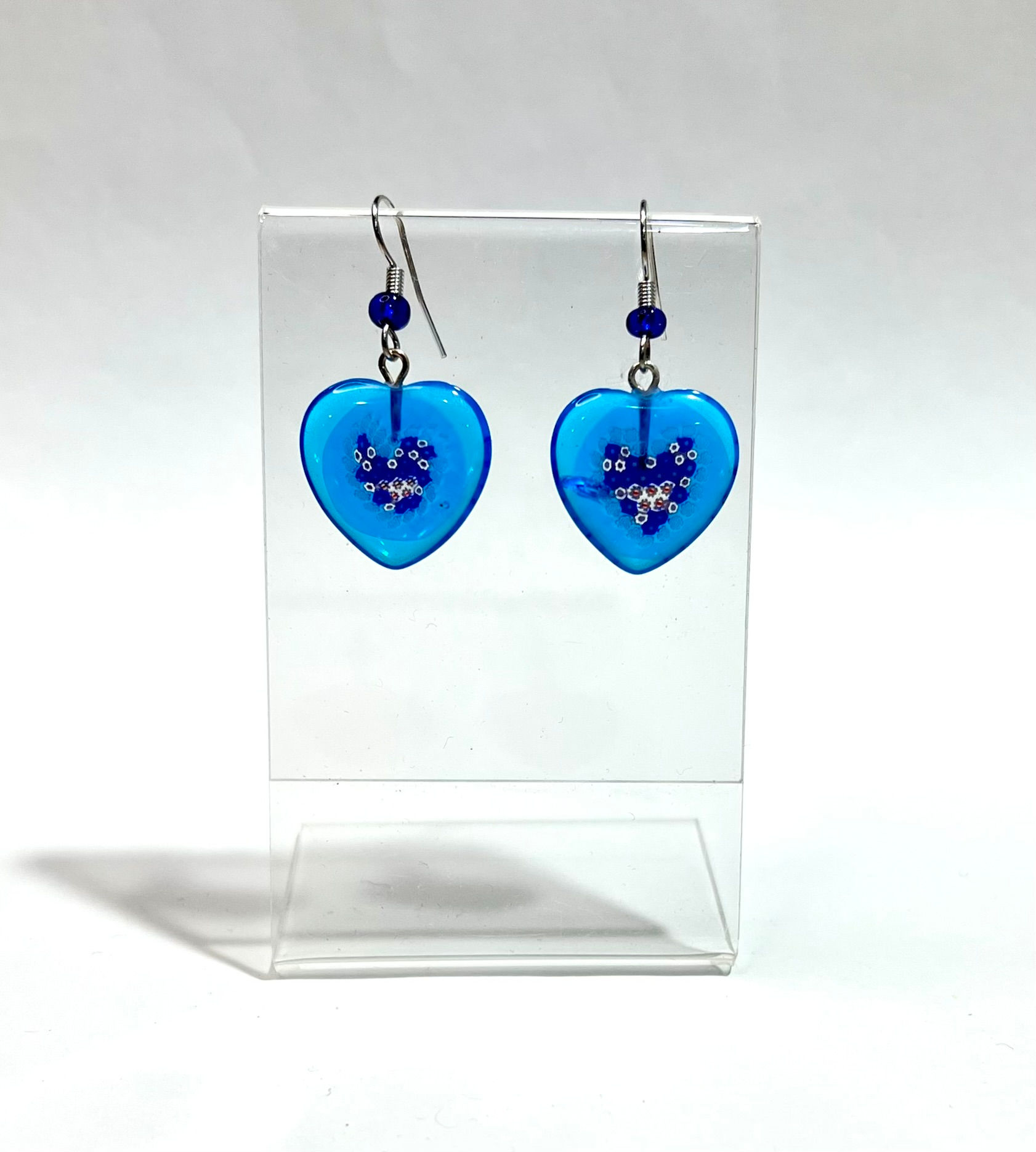 Aqua Millefiori Heart Earrings