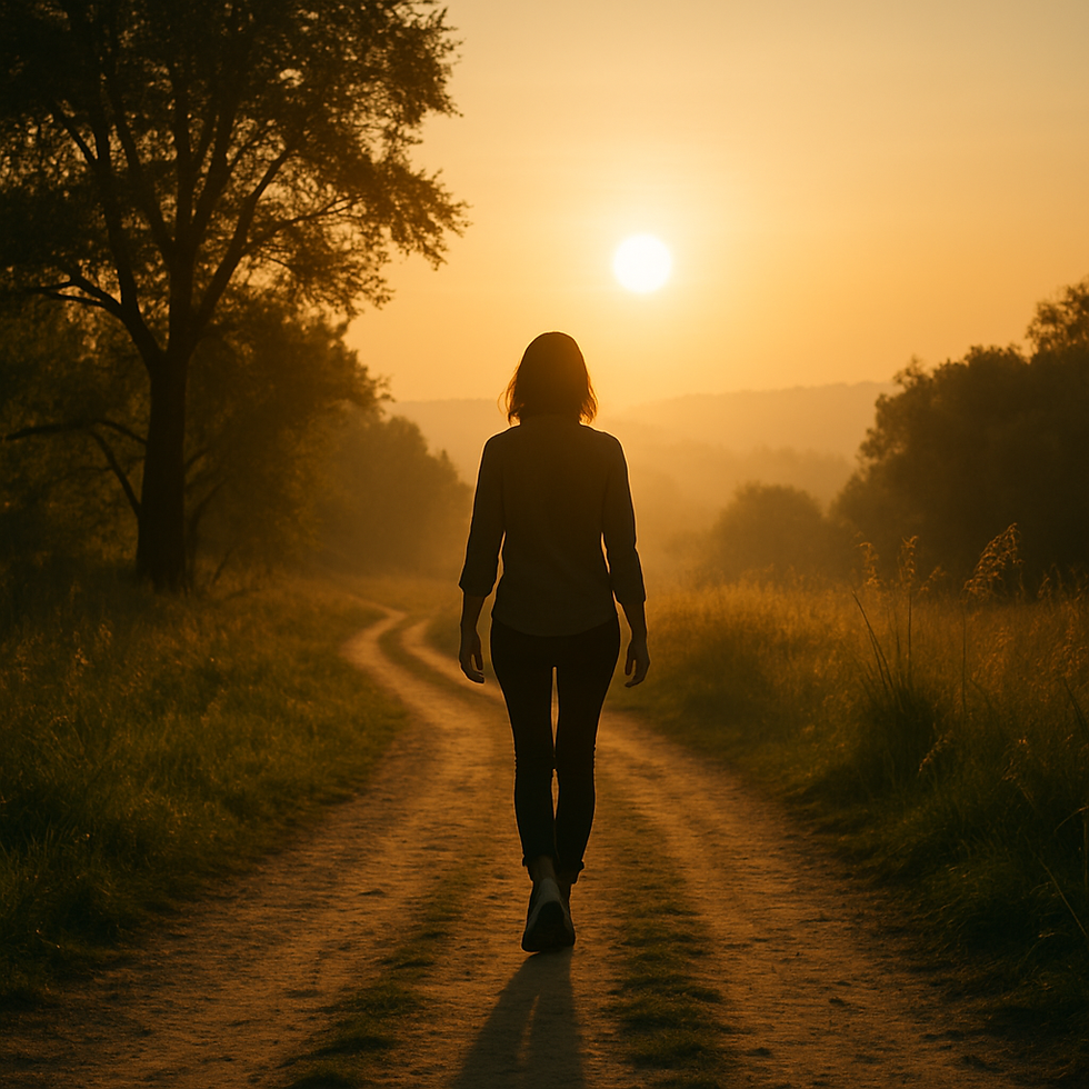 eine frau läuft richtung sonnenuntergang und sucht den sinn des lebens