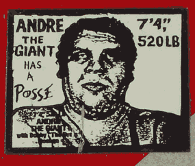 Sticker showing Andre the Giant’s face with blocky text
