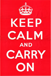 Red poster with crown and the phrase 'Keep Calm and Carry On'