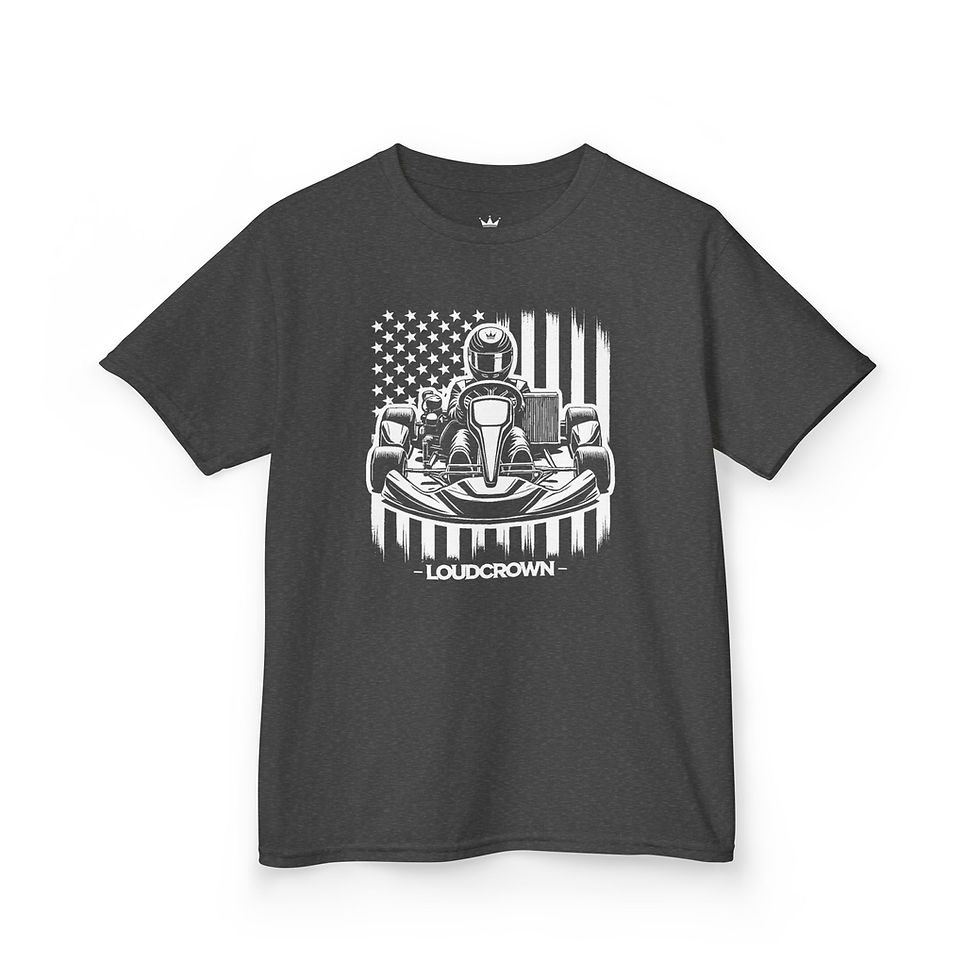 Thumbnail: LoudCrown 'Merica Kart Graphic Kid's Karting tee, Kid's kart racing t-shirt, kid's go kart shirt