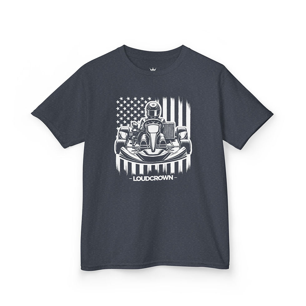 Thumbnail: LoudCrown 'Merica Kart Graphic Kid's Karting tee, Kid's kart racing t-shirt, kid's go kart shirt