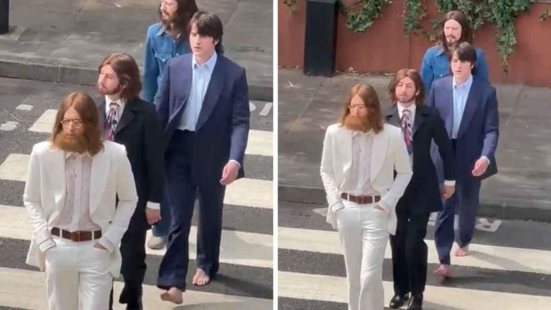 Actores de los biopics de The Beatles recrean la portada de Abbey Road en el set