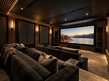 Luxury home theater with immersive surround sound design, acoustic wall treatments, and carefully planned speaker placement for a cinematic experience in North Jersey.