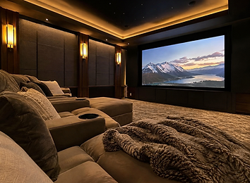 Luxury home theater seating and comfort-focused design with plush sectional seating, inviting textures, and a relaxed cinematic atmosphere in Summit NJ.