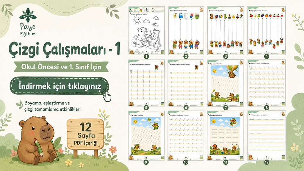 Paye Eğitim Çizgi Çalışmaları - 1: Okul öncesi ve 1. sınıf öğrencileri için eğlenceli boyama, eşleştirme ve çizgi tamamlama etkinlikleri sunan 12 sayfalık PDF içerik paketi.