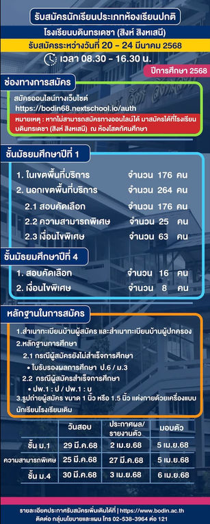 ประกาศรับนักเรียน ม. 1 และ ม.4 โรงเรียนบดินทรเดชา ปีการศึกษา 2568 ประเภทห้องเรียนปกติ