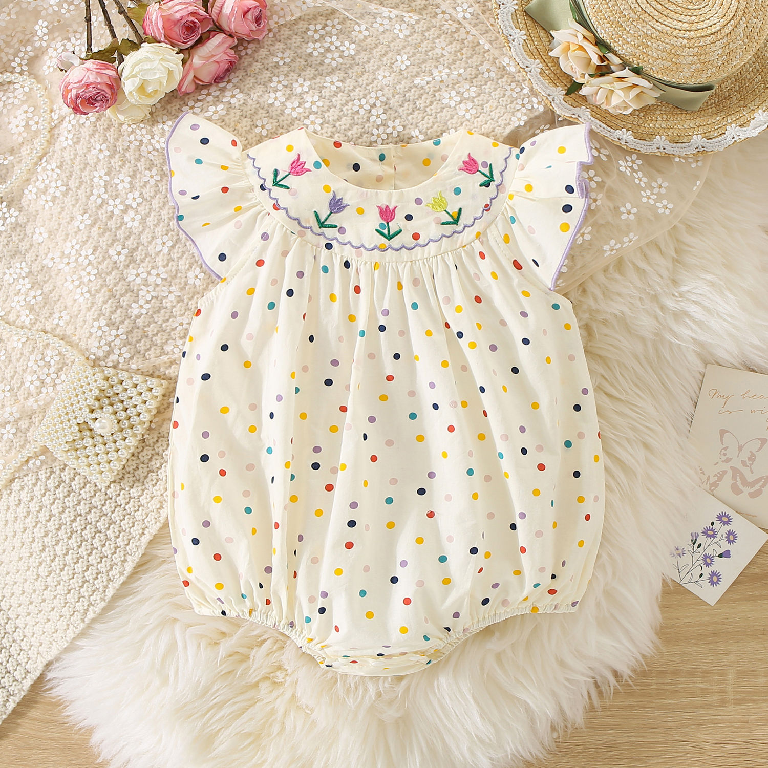 Sweet Blossom Baby Romper - Embroidered Floral Polka Dot Outfit
