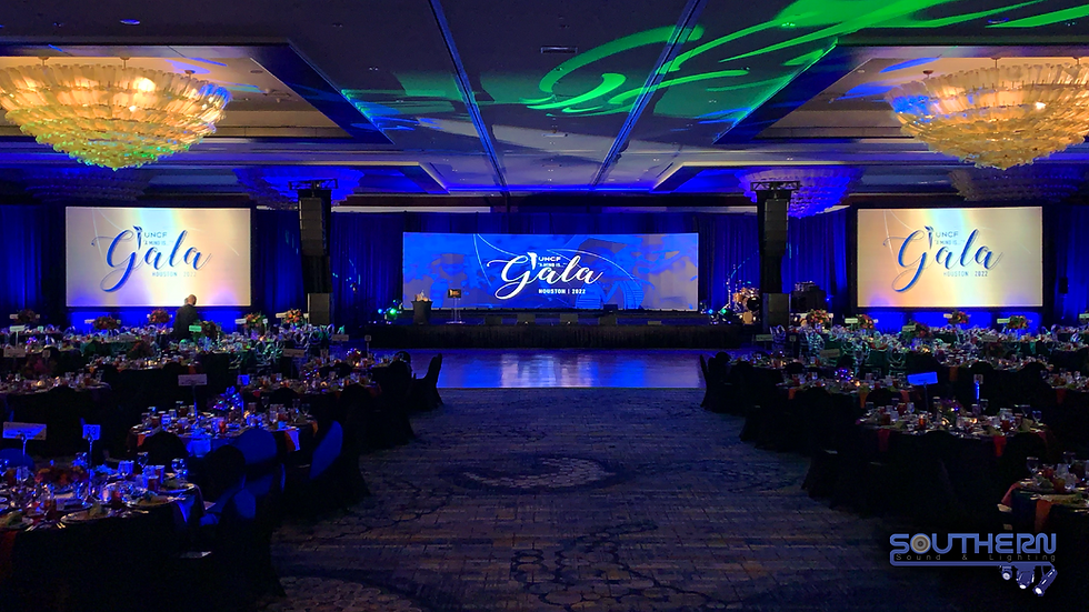 Wide angle view of stage lighting setup with vibrant colors