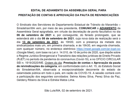 Adiamento da Assembleia Geral para o dia 13/09/2021 às 19h