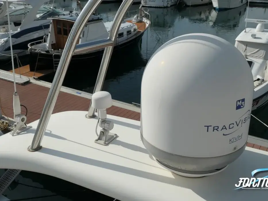 Satellite dome and radar on the hardtop of the Humilitas I charter yacht