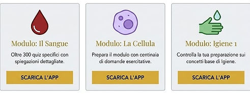 Immagine che mostra tre schede descrittive dei moduli didattici per OSS: Il Sangue, La Cellula e Igiene 1. Ogni scheda include un'icona tematica, una breve descrizione dei contenuti e un pulsante dorato con la scritta 'SCARICA L'APP'