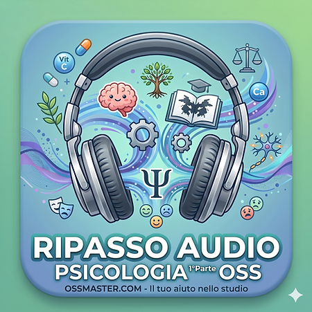 L'immagine è un'illustrazione digitale per l'icona di un'applicazione mobile, con angoli arrotondati e uno sfondo sfumato dal verde menta al blu chiaro. L'icona è intitolata "RIPASSO AUDIO PSICOLOGIA 1°Parte OSS"