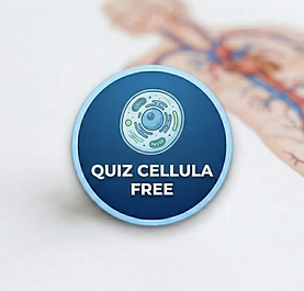 Pulsante circolare blu con bordo azzurro contenente l'illustrazione stilizzata di una cellula biologica con nucleo e organelli. In basso la scritta bianca "QUIZ CELLULA FREE".