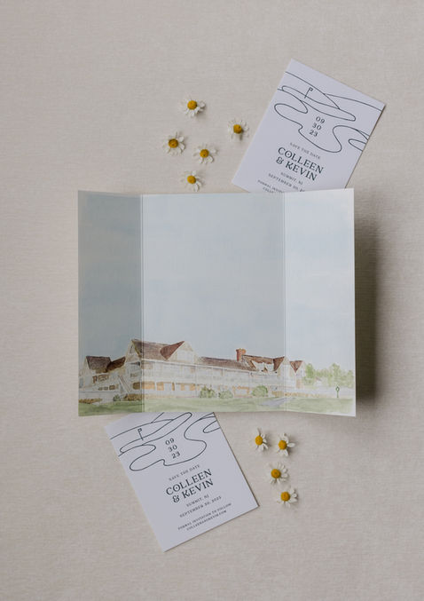 tea jam studio / palm beach county, florida / wedding invitation suite / invitations / stationery / rsvp / graphic design / fine art / letterpress invitation / embellishments, ribbon, wax seal / custom illustrations, venue illustration, canoe brook country club / soft blues, soft greens, florals, wedding vows, romantic, elegant, mustard yellow, wedding crest, envelope liner, pattern, motif / branded wedding