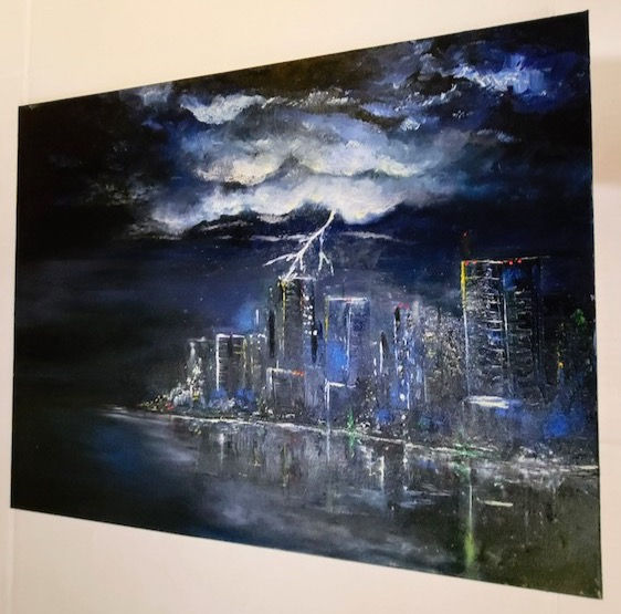 Thumbnail: Fine Art oil painting City Water Storm Scene Gothic Blue Navy scape 
