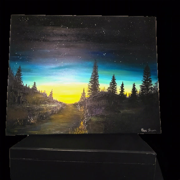 Thumbnail: Sunset mountain Fine Art oil 20 x 16 " black blue navy teal yellow white gold 