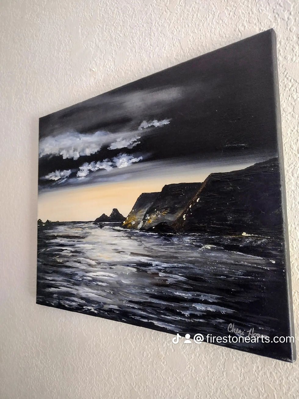 Thumbnail: Fine Art oil Evening Sunset Sea Ciffs Stark Black White Yellow 20"x16", 