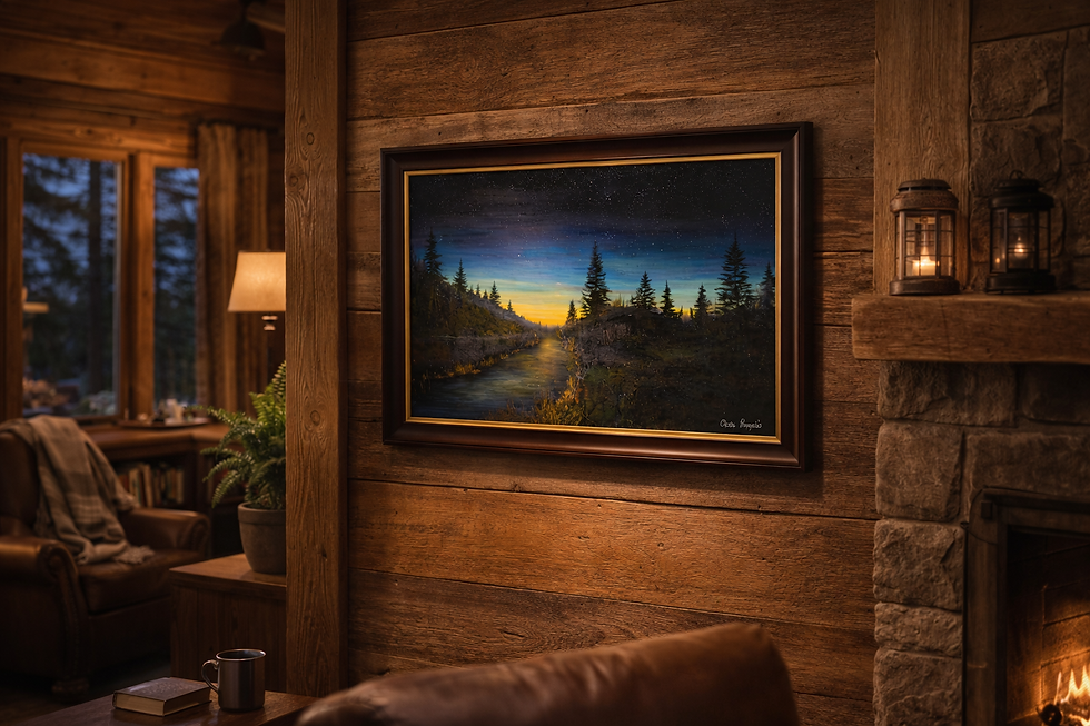Thumbnail: Sunset mountain Fine Art oil 20 x 16 " black blue navy teal yellow white gold 