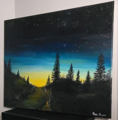 Thumbnail: Sunset mountain Fine Art oil 20 x 16 " black blue navy teal yellow white gold 